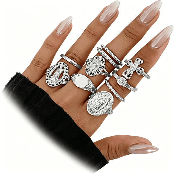 DESIGNICE Vintage Gold Virgin Mary Cross Rings Set for Women,Chunky Stackable Boho Knuckle Rings Pack Retro Jewelry