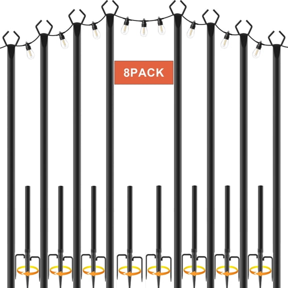 8Pack 10FT Outdoor String Light Poles with Fence Brackets, Heavy Duty Metal Light Stand for Hanging String Lights, Weatherproof Deck Patio Backyard Garden Light Pole for Wedding Party Holiday Decor