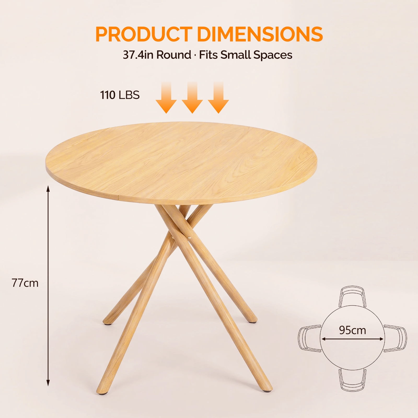 37.4 Inch Round Dining Table for 4-6 People, Cross X Metal Leg Kitchen Dinner Table with Adjustable Foot Pads, Easy Assembly Small Space Dining Room Table, Natural Wood Tone