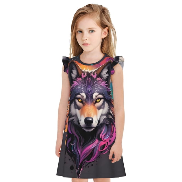 Fotbe Colorful Wolf Head A Vestido de Dormir para Niñas de 3 a 10 Años, Mangas Cortas, Estilo Princesa, Pijama Camisón con Mangas Voladas-Large