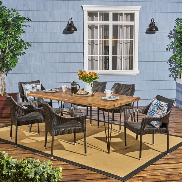 Aubrey Outdoor 72 Inch 7 Piece Acacia Wood Dining Set with ...