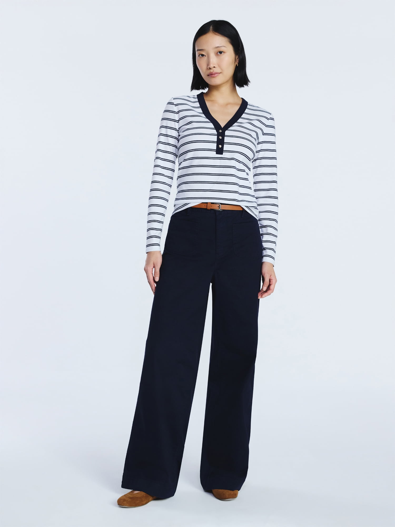 Free Assembly Women's V-Neck Henley with Long Sleeves, Sizes XS-XXL