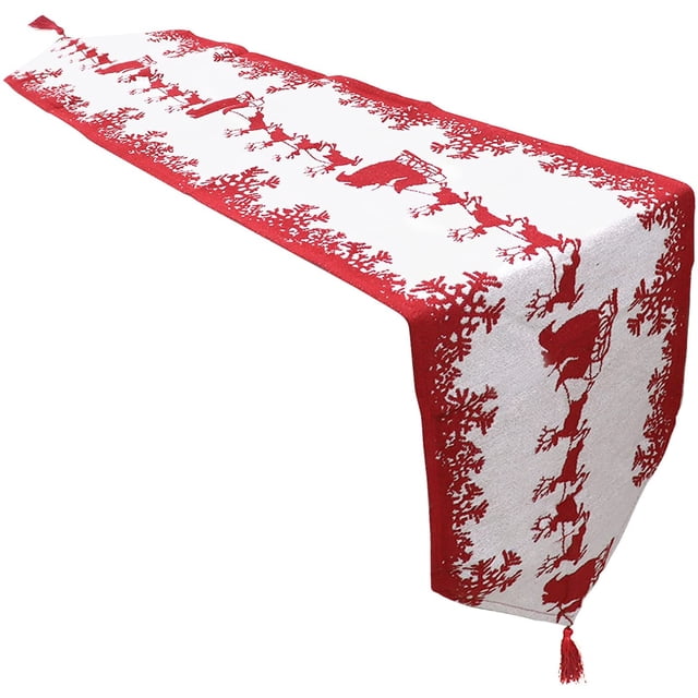 manteles de navidad, caminos de mesa de navidad, mantel de cama de mesa de navidad, camino de mesa largo de algodón de 35x180 cm con pompones para vacaciones, fiestas, banquetes, acción de gracias (b Camino de mesa JAMW 35x180 cm, vista 3/4 de un camino largo de algodón blanco con motivos rojos navideños repetidos (renos y copos de nieve), borde rojo y borlas rojas en los extremos; tejido texturizado, pensado para mesas de 4-6 personas y uso en comedor, mesa de café o tocador durante fiestas y Acción de Gracias; lavar a mano o en seco.