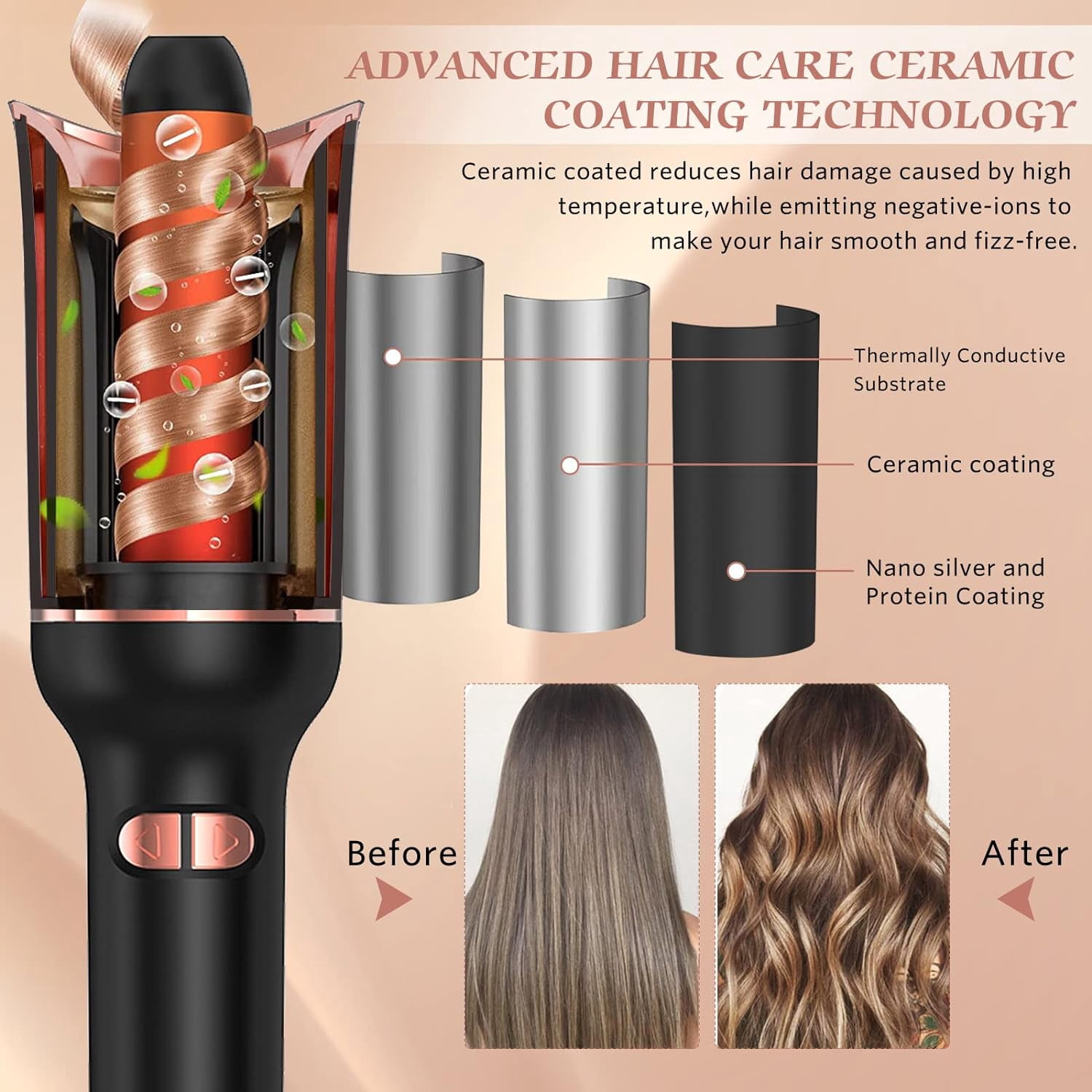 Automatic Hair Curler, Automatic Curling Iron, Professional Curling Wand Rotating with 1 Inch Large Barrel Fast Heating Dual Voltage for Women Mid Length to Longer Hair