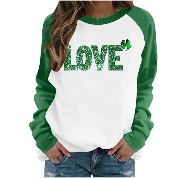 LEKWK St Patricks Day Tops Women Glitter Love Letter Graphic Graphic Tees Raglan Sleeve Cute Tops Color Block Baseball Shirt Holiday Wear