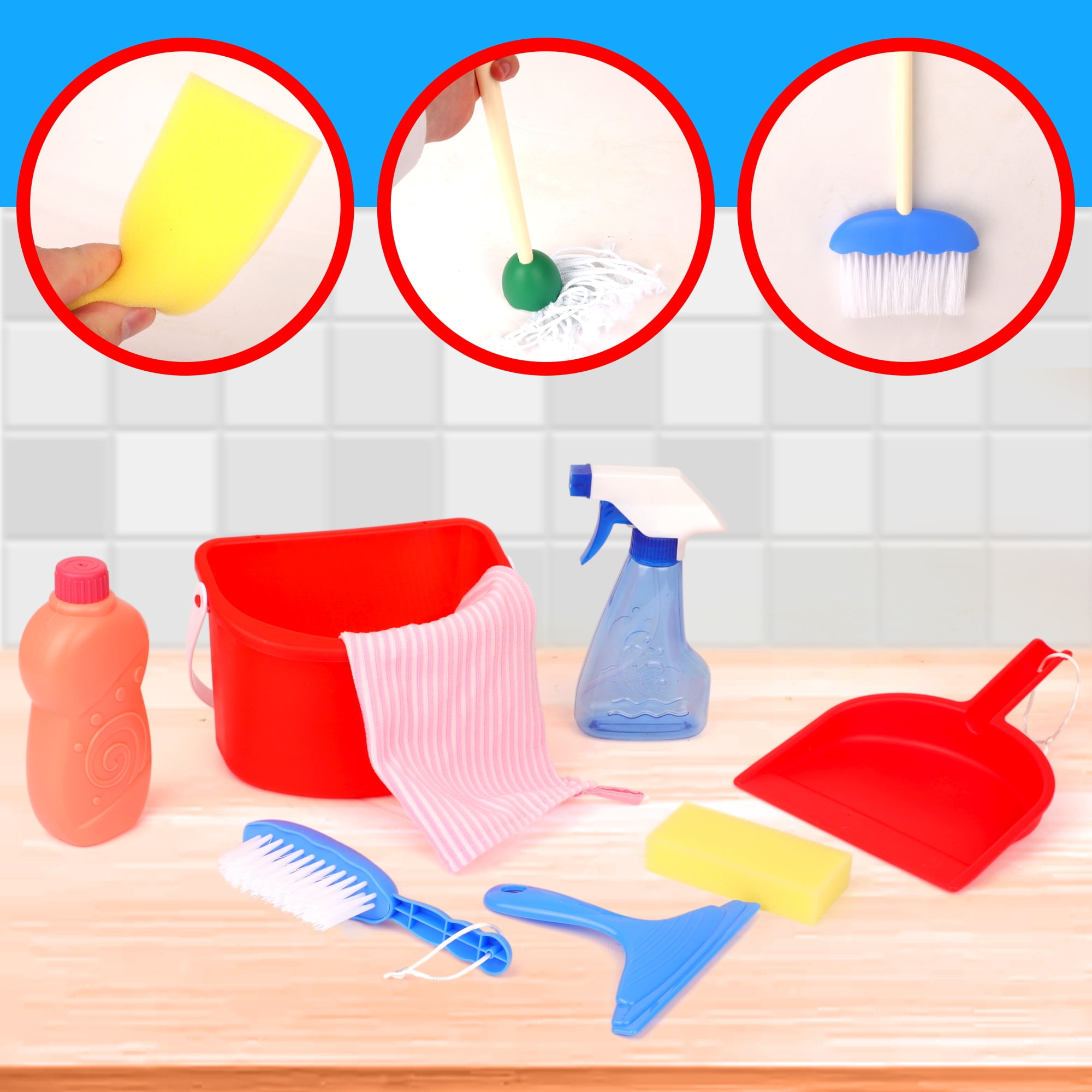 Playkidz Deluxe Cleaning Set, 11Pcs Includes Spray, Mop, Brush, Broom,  Sponge, Squeegee - Play Helper Realistic Housekeeping Set, Recommended for  Ages 3+ 