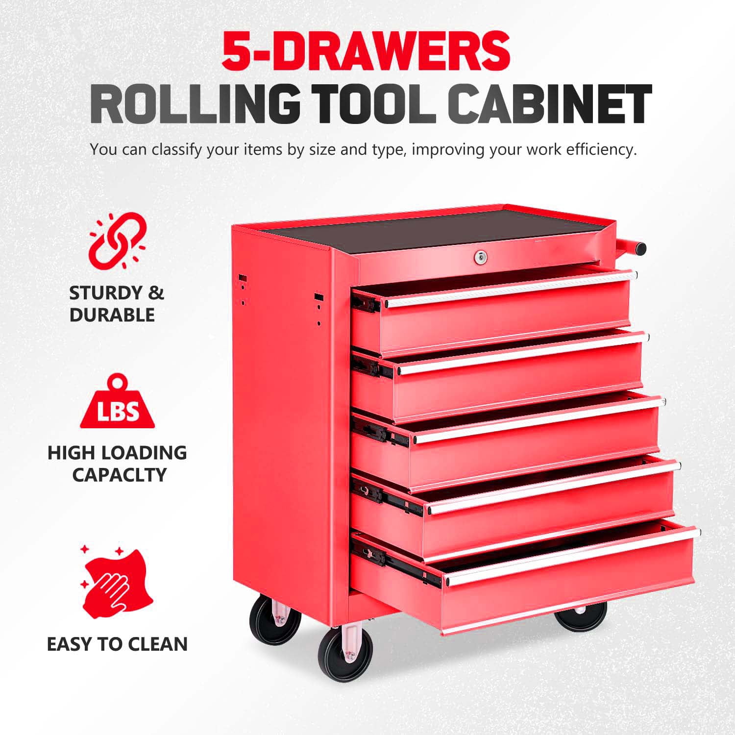 POWANLI 5-Drawer Rolling Tool Chest with Wheels Multifunctional Tool Chest Portable Tool Storage Cabinet with Locking System for Garage Workshop Warehouse Repair Shop