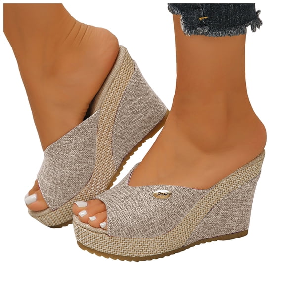 Rokment Cotton Linen Espadrilles Platform Wedge Sandals for Women 2026 Summer Beach Trendy Casual Peep Toe Extra Chunky Heeled Slip on Slides Backless Dressy Slippers Beige Size 6