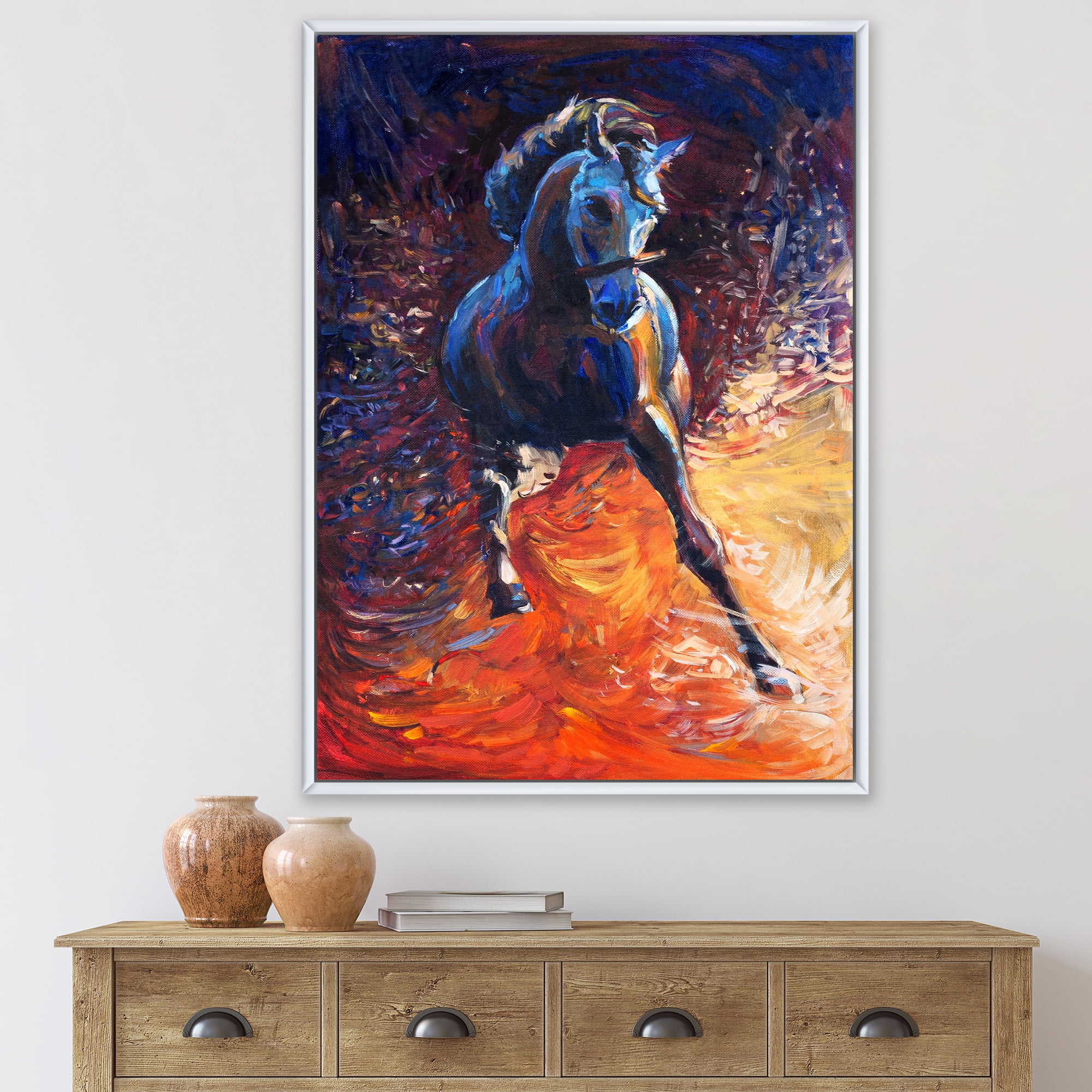 Designart 'Portrait Of A Galoping Blue Horse' Farmhouse Framed Canvas Wall Art Print