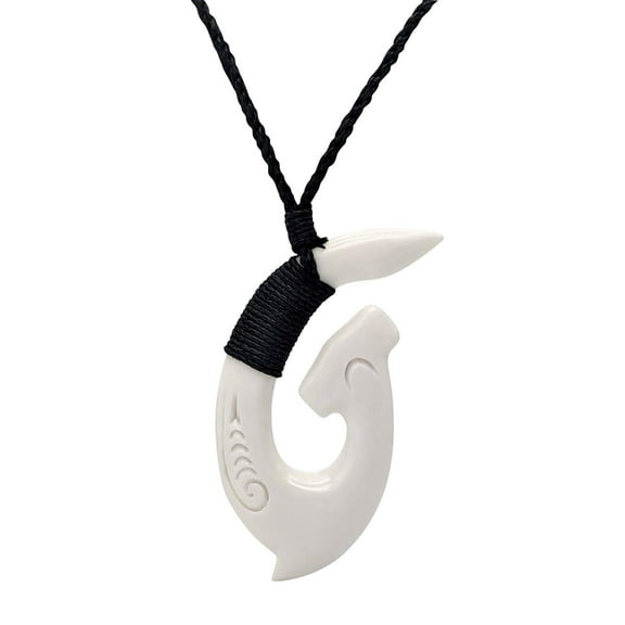 81stgeneration Women's Men's Hand Carved Bone Engraved Hei Matau Maori Hammer Shark Pendant Necklace