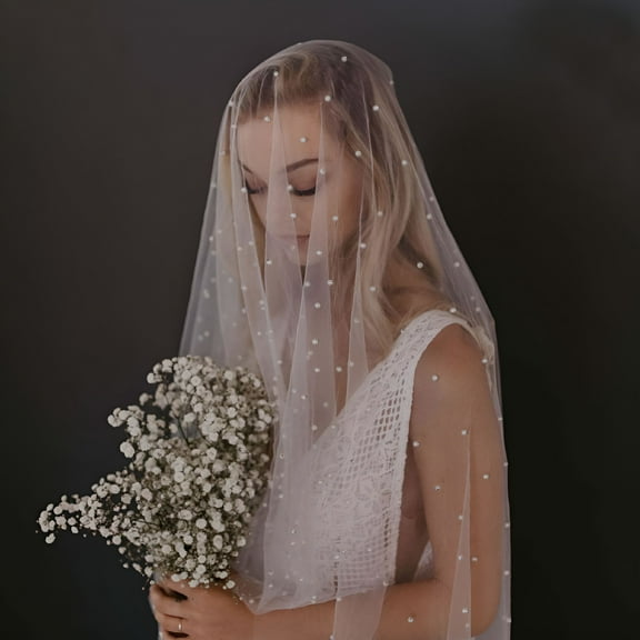 TELOLY Fingertip Length Pearl Wedding Bridal Veil With Comb