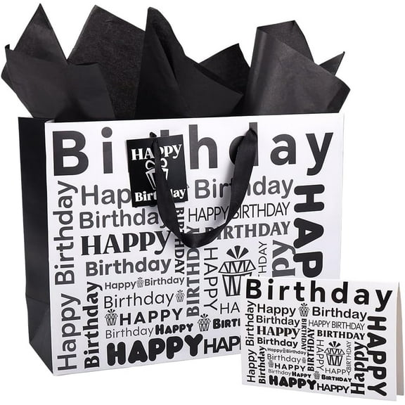 Happy Birthday Gift Bags Set Black and White Shopping Bags with Tissue Paper Rectangle Heavy Duty Present Greeting Card Large Wrapping Paper for Men Women