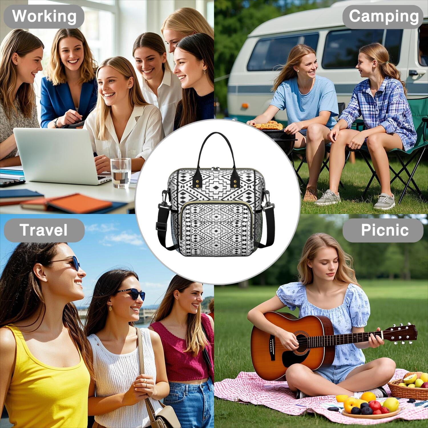 Bohemian Reusable Lunch Tote for Women, Insulated Large Cooler Bag with Retro Style, Dual Compartments & Shoulder Strap for Office, Travel or Gifts