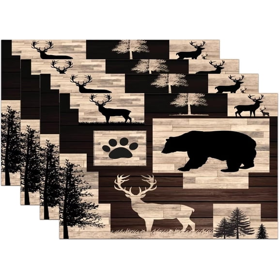 Rustic Cabin Bear Animals Placemats Deer Forest Wildlife Wooden Country Lodge Hunting Camping Animal Resistant Washable Place Mats for Dining Kitchen Farmhouse Decor,4 PCS