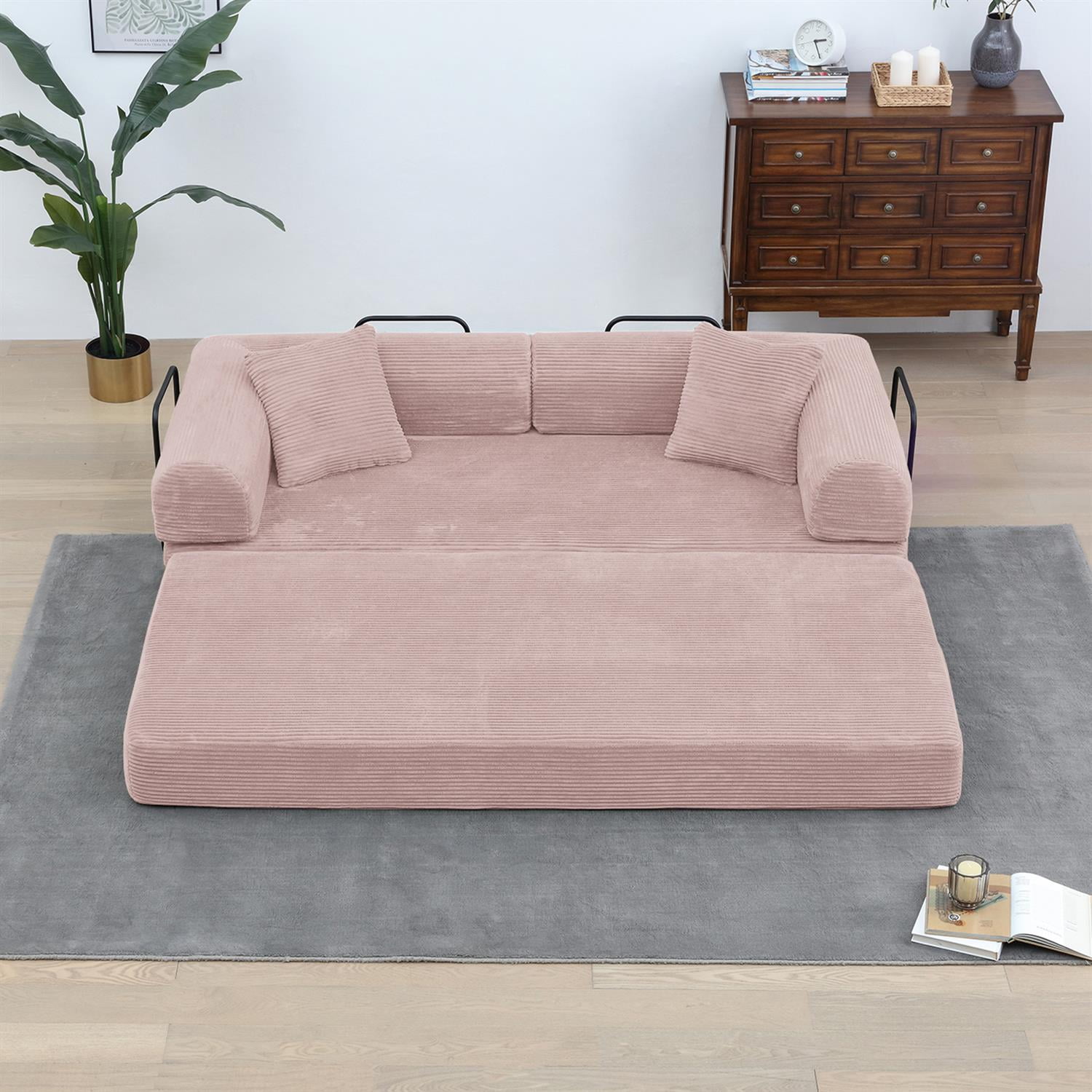 Demi Bonn 77" Convertible Sleeper Sofa Bed, Corduroy Foldable Mattress Couch with Cylindrical Pillow & Fixed Frame for Living Room, Bedroom, Pink