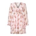 thumbnail image 1 of Vestido floral con dobladillo con volantes y nudo de vendaje de manga larga con cuello en V profundo estampado floral para mujer Pompotops  hdfakjf6338, 1 of 8