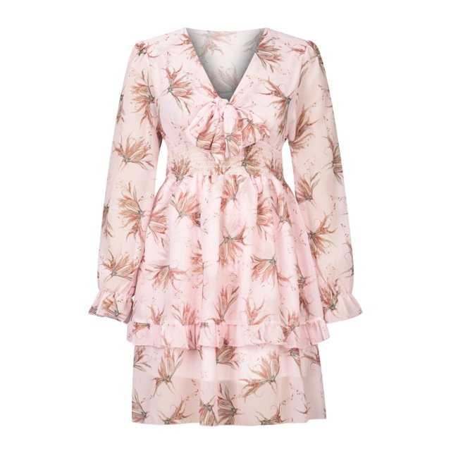 Vestido floral con dobladillo con volantes y nudo de vendaje de manga larga con cuello en V profundo estampado floral para mujer Pompotops hdfakjf6338