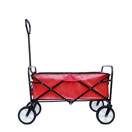 Kawim Folding Beach Wagon Cart with Brakes Free Standing Collapsible Utility Camping Grocery Canvas Fabric Portable Rolling Buggies Outdoor Garden Sport Heavy Duty Shopping Cart Push Wagons Red