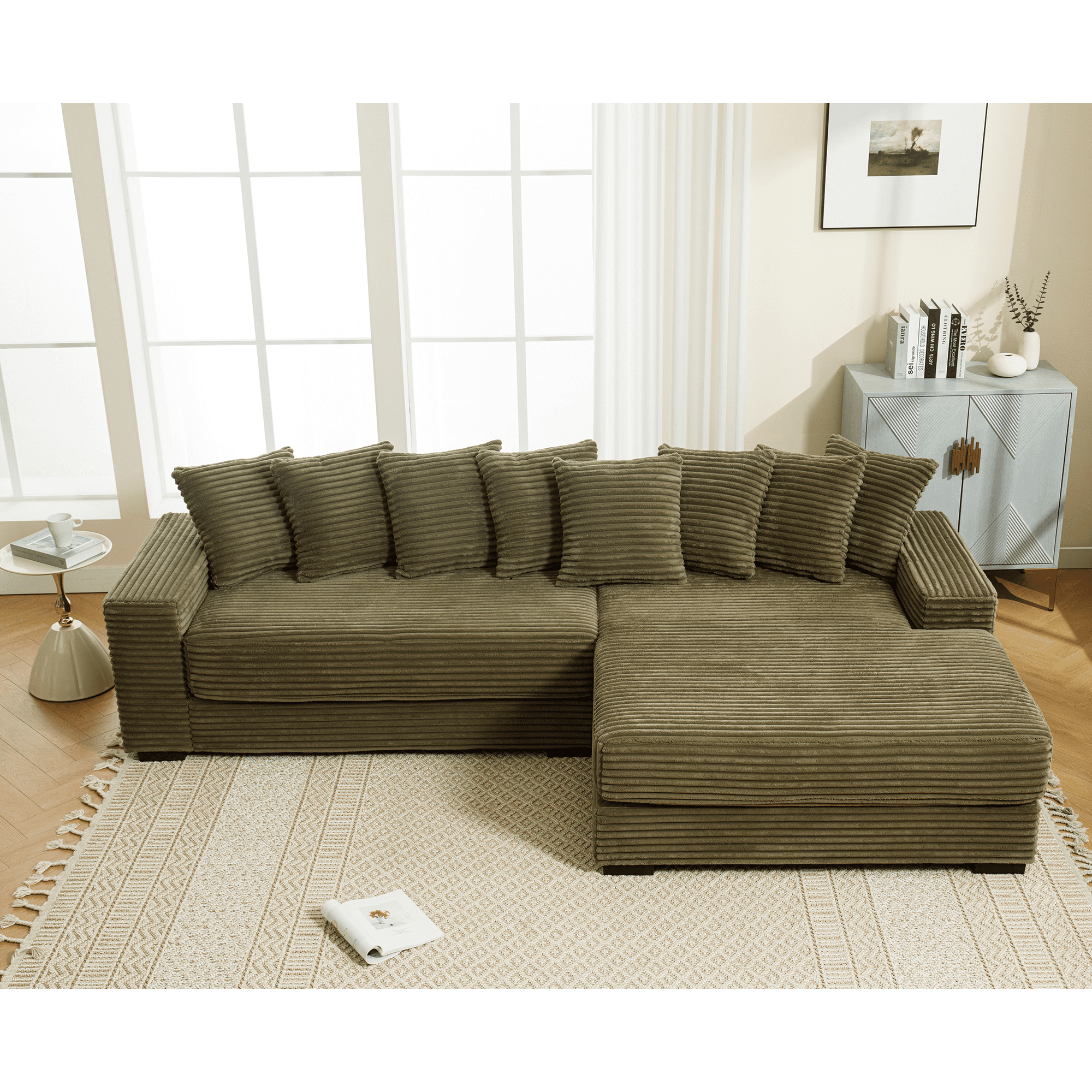 AISWORD 111" Oversized 3-Seat L-Shaped Sectional Sofa with Left Chaise, Luxury Corduroy Fabric Modular Couch with 8 Throw Pillows, Easy Assembly for Living Room