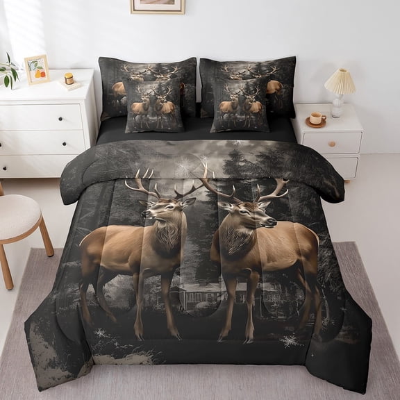 Deer Bed in a Bag Twin Size Wildlife Elk Bedding Sets 7 Piece Hunting Themed Comforter Set with Sheets for Adult Women Teen Western Farmstyle Bed Set 3D Animal Deer Sheets