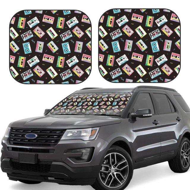 Fotbe Colorful Retro Tape Juego de 2 Piezas de Parasoles para Parabrisas | Bloqueador Solar para Auto | Accesorios Plegables para Protección Solar Interior-Medium