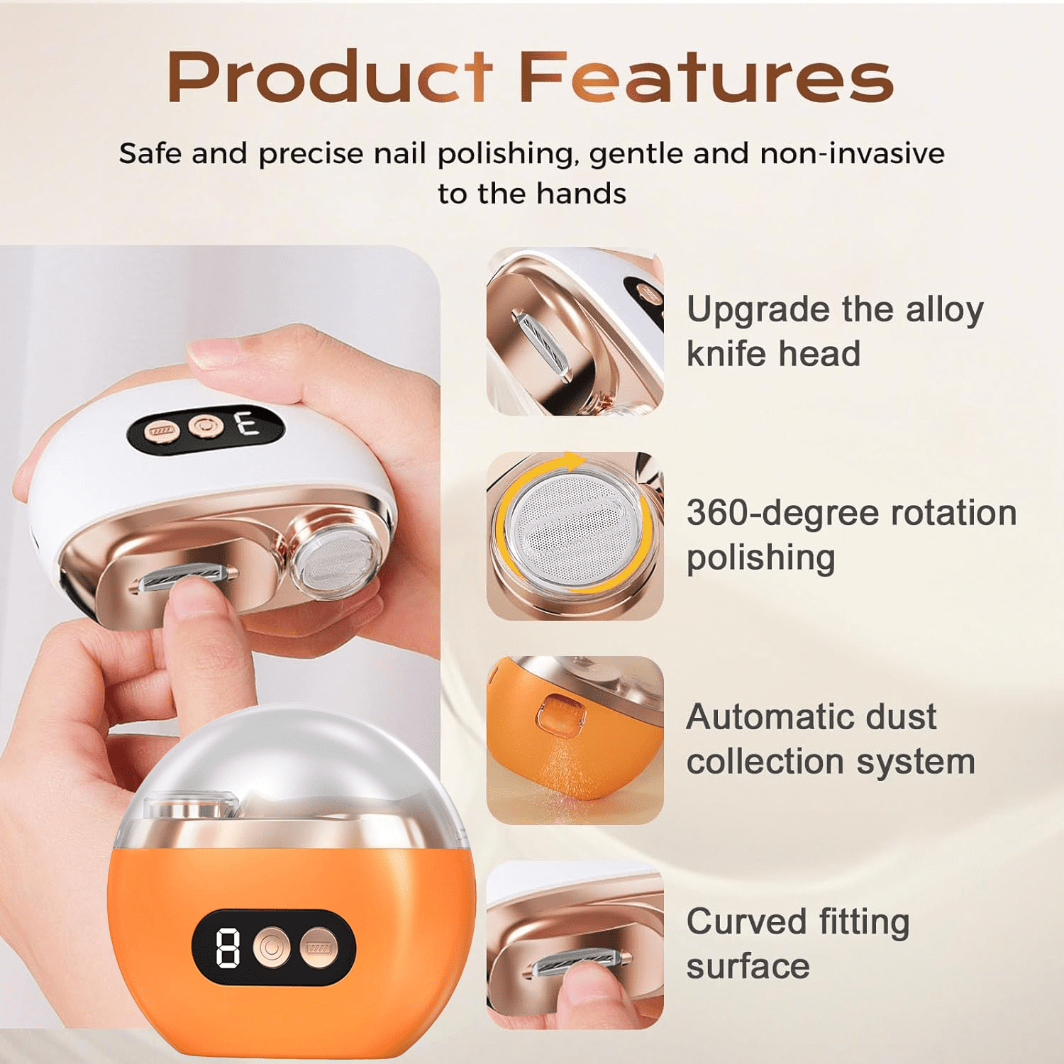 Multi-Functional Electric Nail Trimmer, 2026 Upgraded 2 in 1 Electric Polishing Automatic Nail Clippers, Electric Nail Clipper with 3 Speed Levels, Automatic Nail Trimmer & Grinder (Orange)