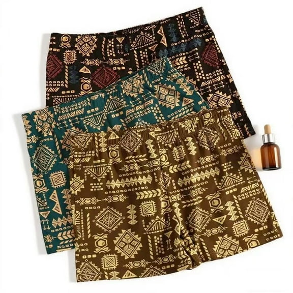 Men's Boxer Underwear Retro Ethnic Style Print Casual Home New Comfortable Breathable，3-Pack.