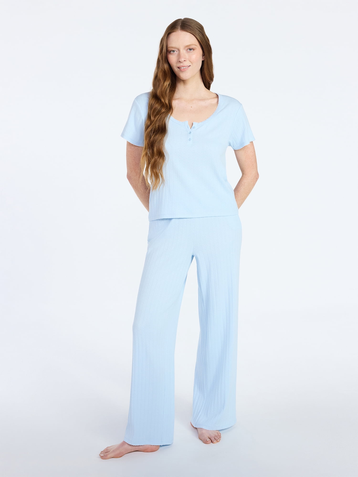 Joyspun Women’s Pointelle Knit Sleepwear Henley Tee with Short Sleeves, Sizes XS-3X