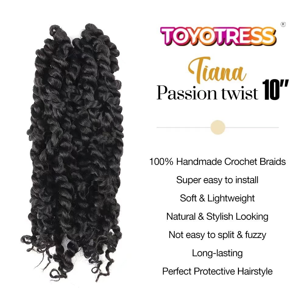 Toyotress Tiana Passion Twist Hair - 10 Inch Pre-twisted Passion Twist  Crochet Braids Pre-looped Natural Black Synthetic Braiding Hair Extensions  
