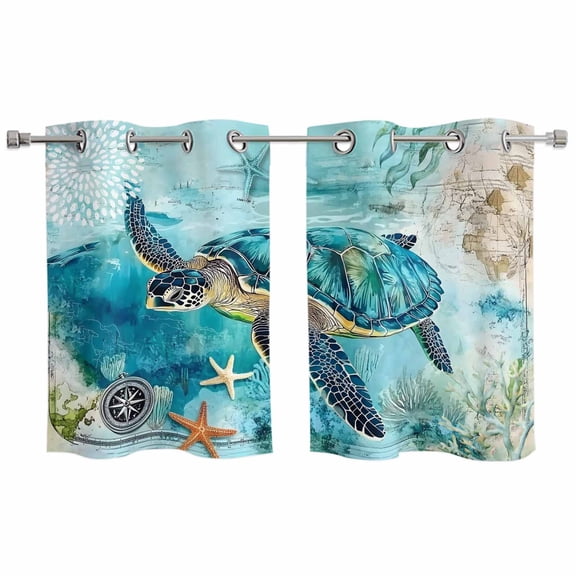 Turquoise Turtle Kitchen Curtains Small Short 39 Inch Length, Farmhouse Coastal Starfish Seaweeds Grommet Top Bedroom Living Room Curtains, Light Filtering Cafe Curtain Drapes 2 Panels Set 55''x39''