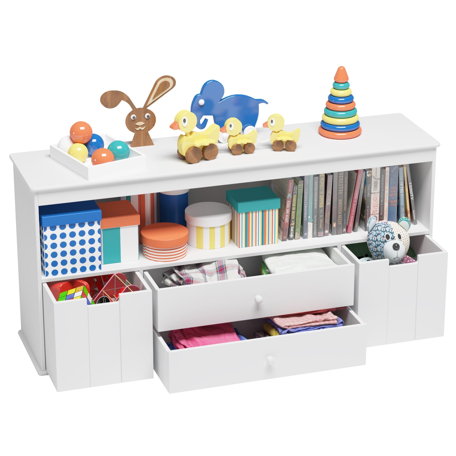 4 Bin Tier Shelf Black w/Stripes Kid Toy Organizer Storage Drawer Furniture