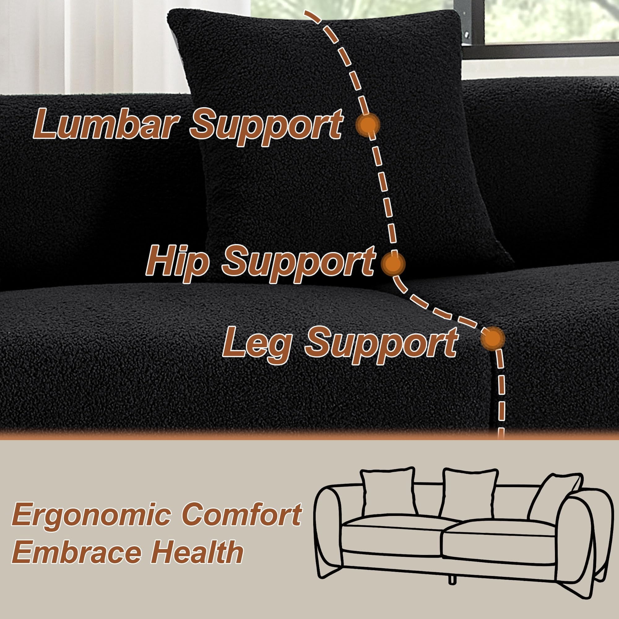 Aukfa 83" Comfy Sofa Sherpa Boucle Living Room Couch, 26" Extra Deep Seat, 4 Pillows, Black