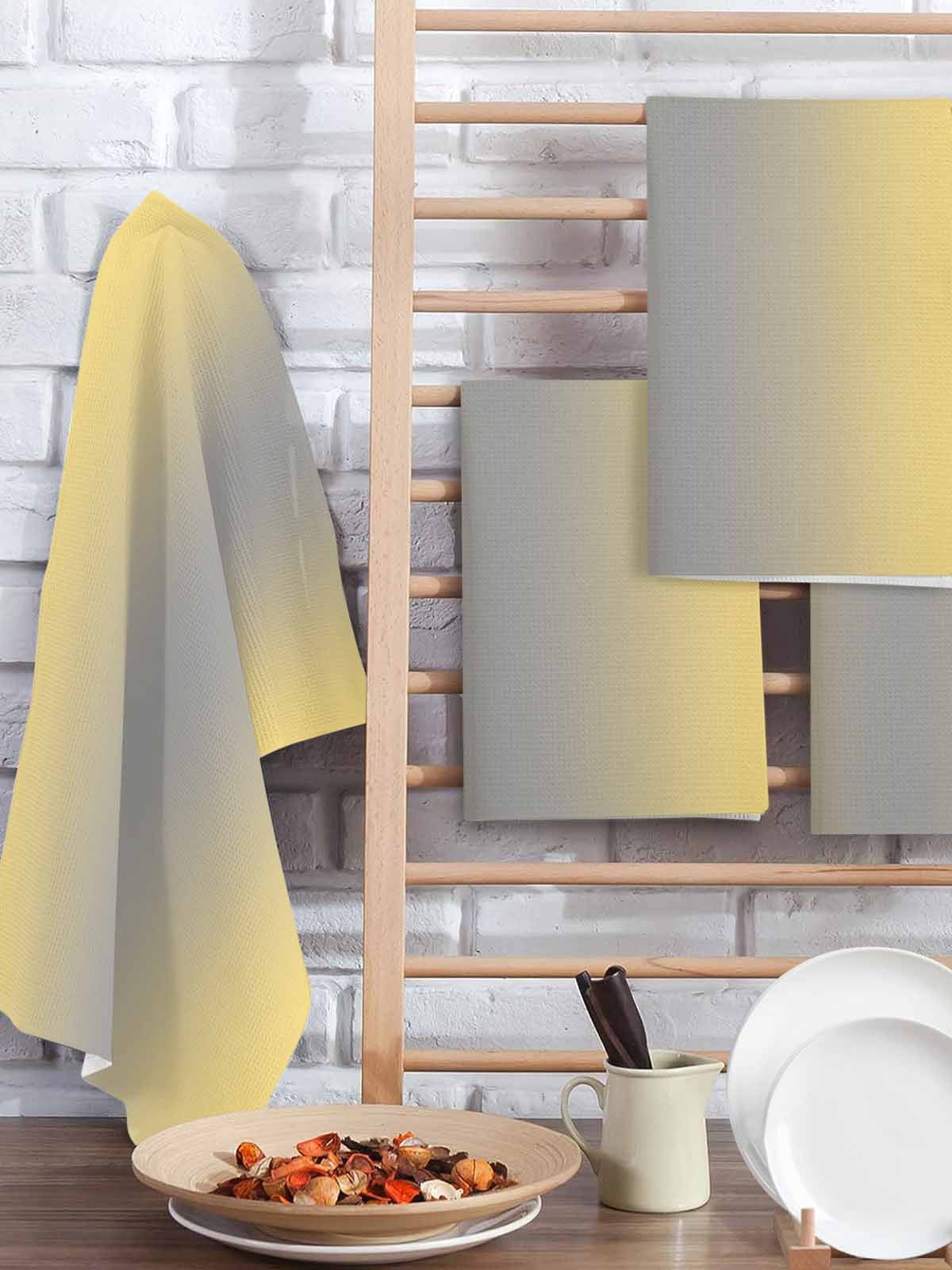 Yellow Gray Ombre Kitchen Dish Towels for Drying Dishes Set of 4, Modern Gradient Abstract Art Waffle Weave Microfiber Hand Tea Bathroom Towels Quick Dry & Absorbent Towel 15.7x23.6
