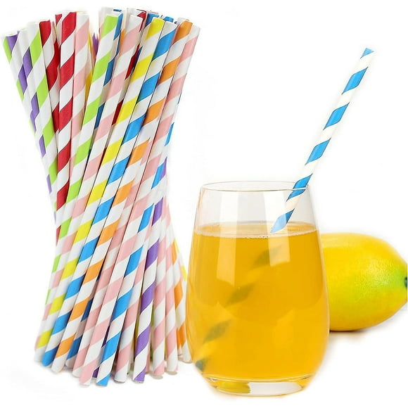 100 pajitas de papel desechables, biodegradables, con rayas multicolores y colores aleatorios.