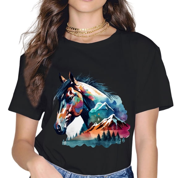 Horse Head Watercolor Mountain Scenery Equestrian T-Shirt