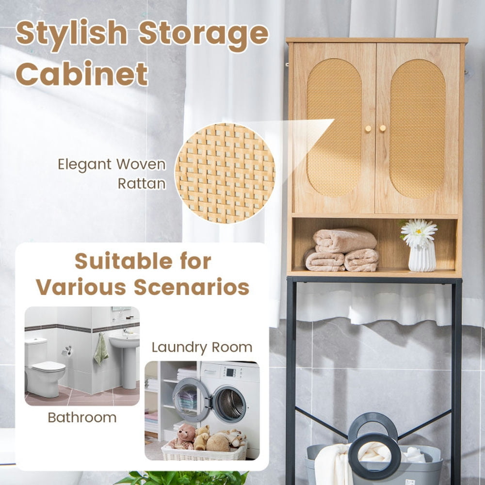 Finihen Toilet Storage Cabinet, Bathroom Cabinet Organizer, Over The Toilet Storage Cabinet with Rattan Doors and Shelves, for Bathroom, Natural