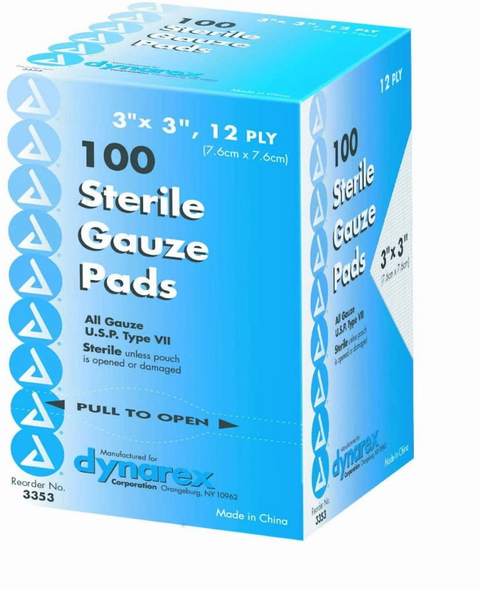 4 Pack Dynarex Sterile Gauze Pads 3"X3" 12-Ply Single #3353 100 Bandages Ea