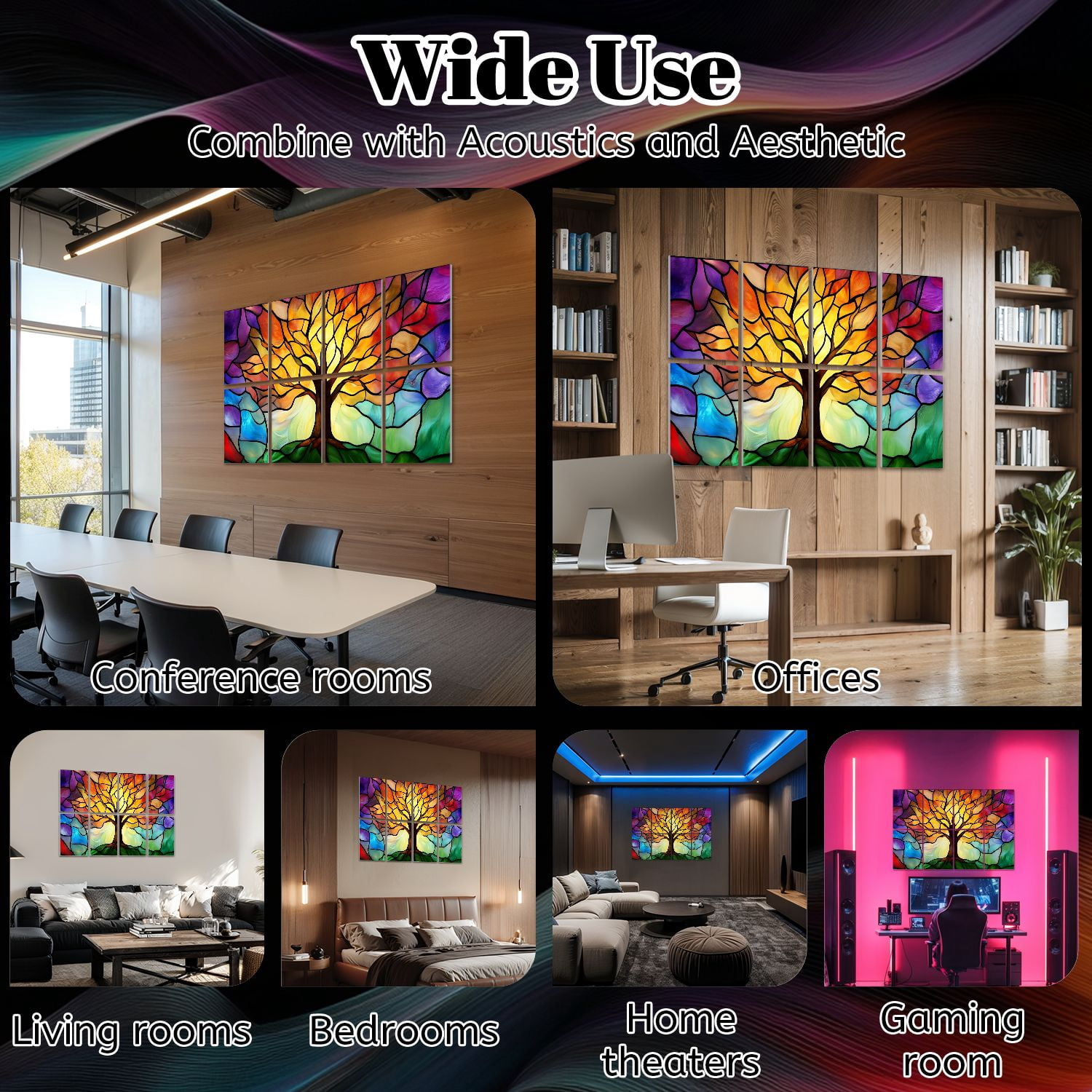 Stained Glass Style 8 Pack Art Acoustic Panels Sound Absorbing Tree Colorful Autumn Leaves Decorative Soundproof Wall Panels Self Adhesive for Nursery Game Room Bedroom 48"x32"