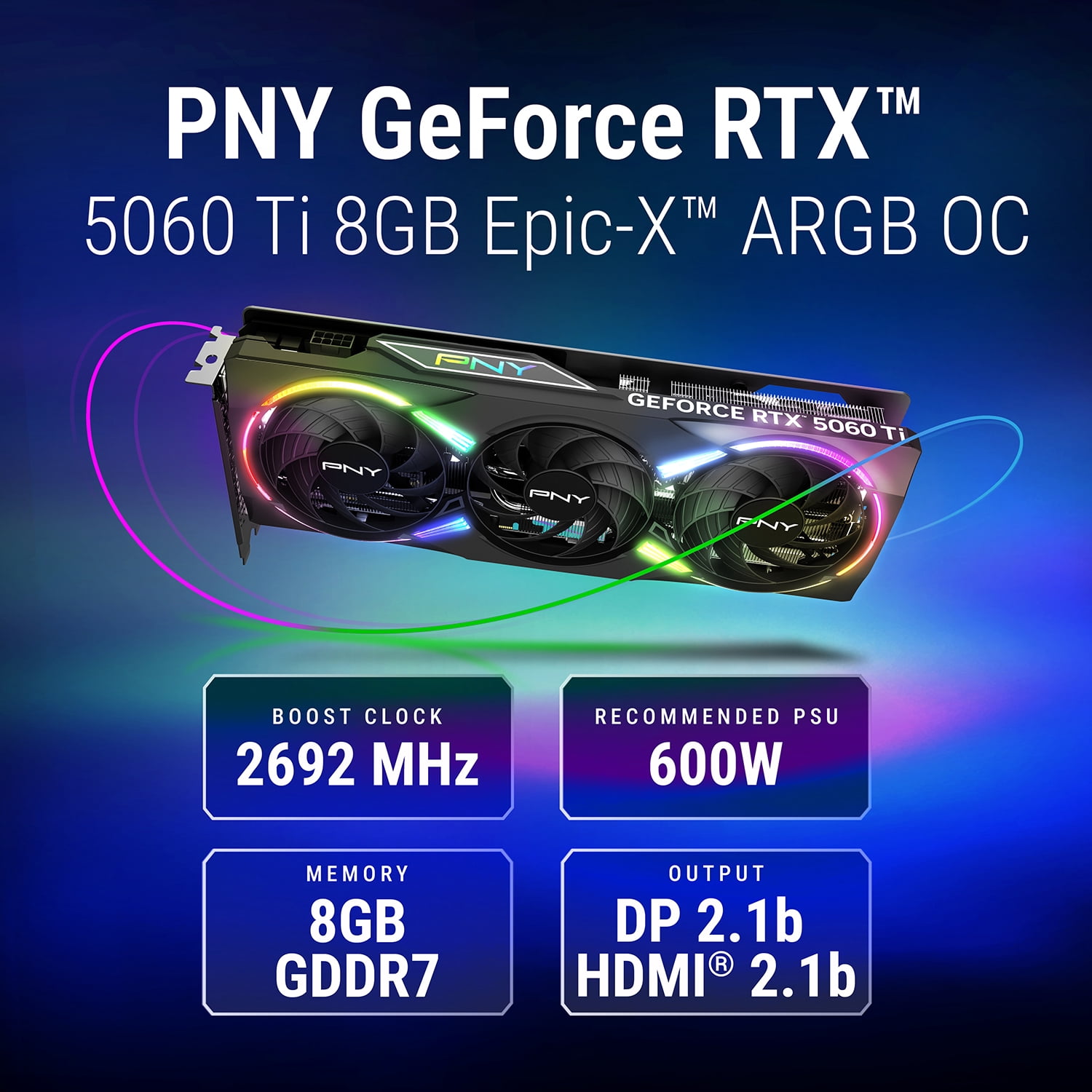 PNY NVIDIA GeForce RTX™ 5060 Ti Epic-X™ ARGB OC Triple Fan, Graphics Card 8GB GDDR7, SFF-Ready