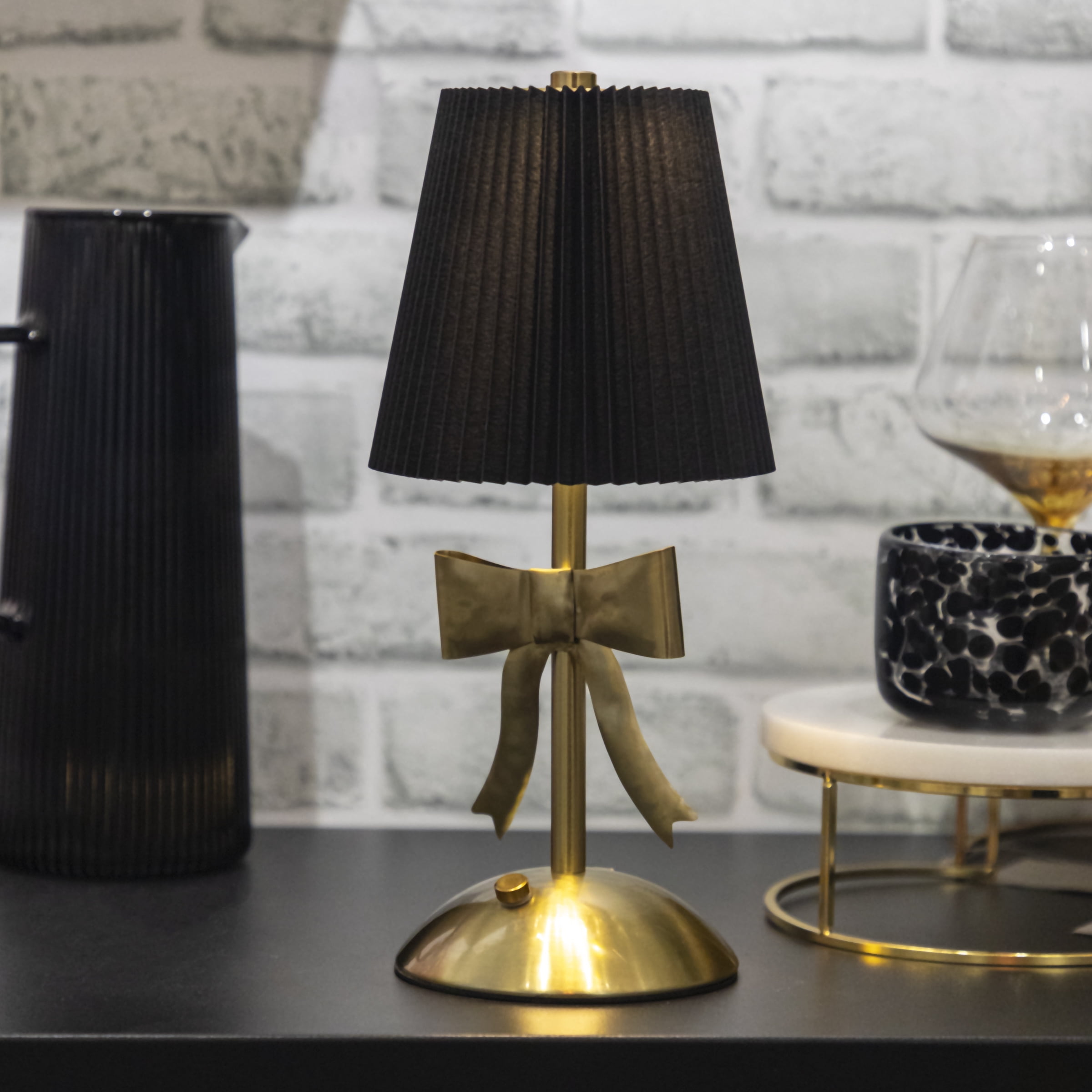 OneDesign Home Portable and Rechargeable Touch Lamp with Black Fabric Pleated Shade and Brushed Brass Bow Detail:(Includes LED Light Bulb)