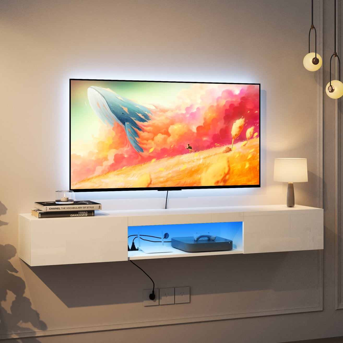 Resenkos Floating TV Stand Wall Mounted with LED Lights and Charging Station, Modern High Gloss Entertainment Center for 70Inch TVs, White