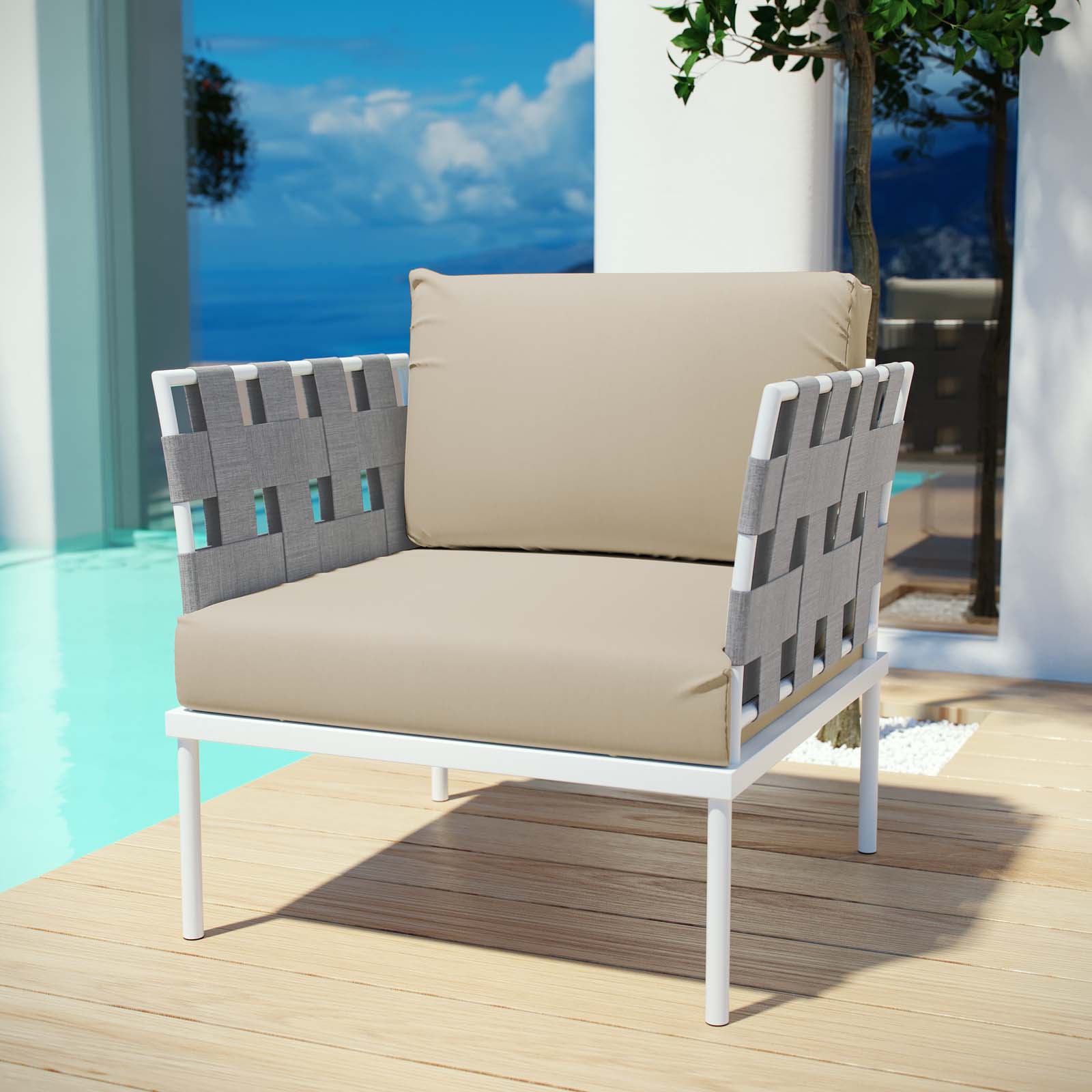 Modern Contemporary Urban Design Outdoor Patio Balcony Lounge Chair, Beige White, Rattan - image 2 of 5