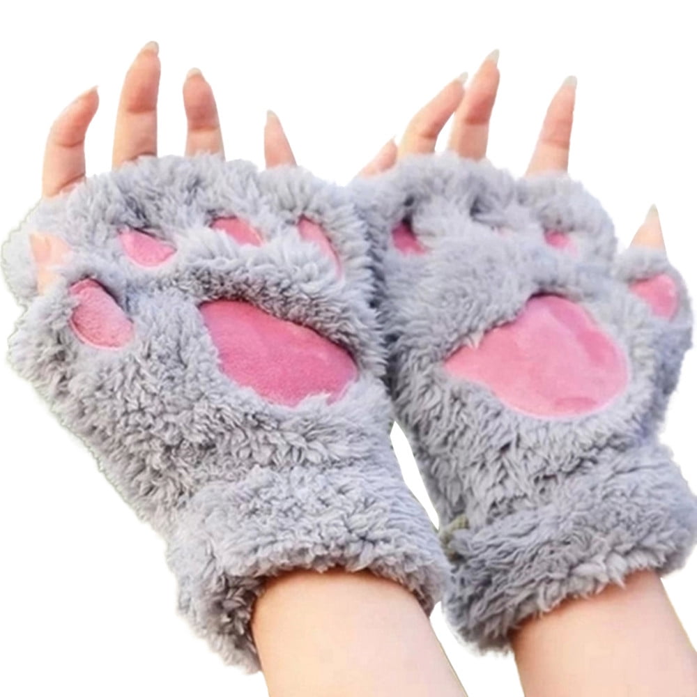Brown Warm Half Finger Cat Claw Glove Cat Claw Paw Winter Plush Half Finger Gloves Mitten for Girls Women Womdee Half Finger Cat Claw Gloves
