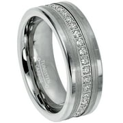 Tungsten Wedding Ring - Band for Mens 8mm Gunmetal Tungsten Eternity Ring CZ Accented - Comfort Fit Pipe Cut Tungsten Carbide Ring TN777s7