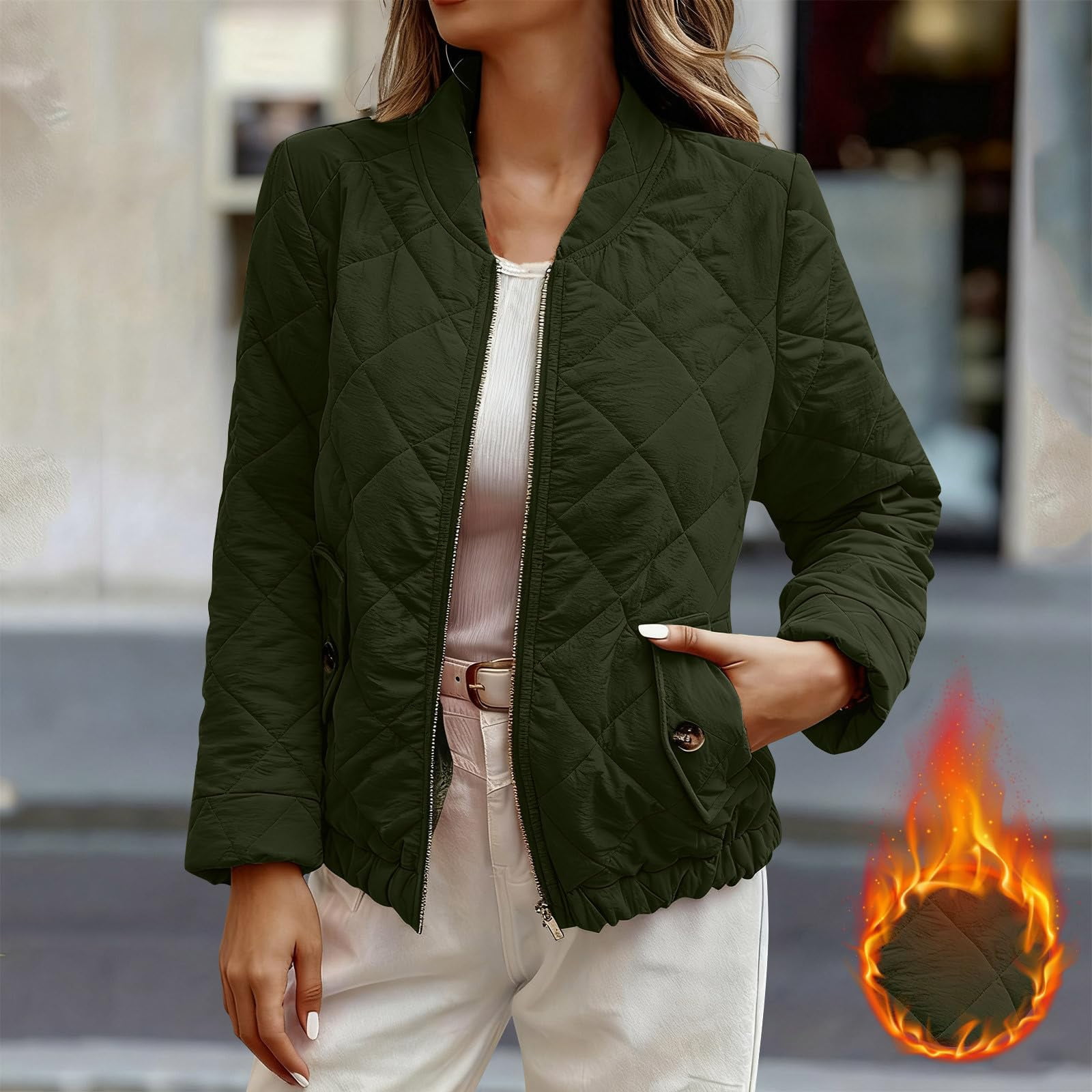 Women's Diamond Quilted Crop Jackets Lightweight Casual Bomber Jacket Warm Winter Zip Up Short Coats with Pockets