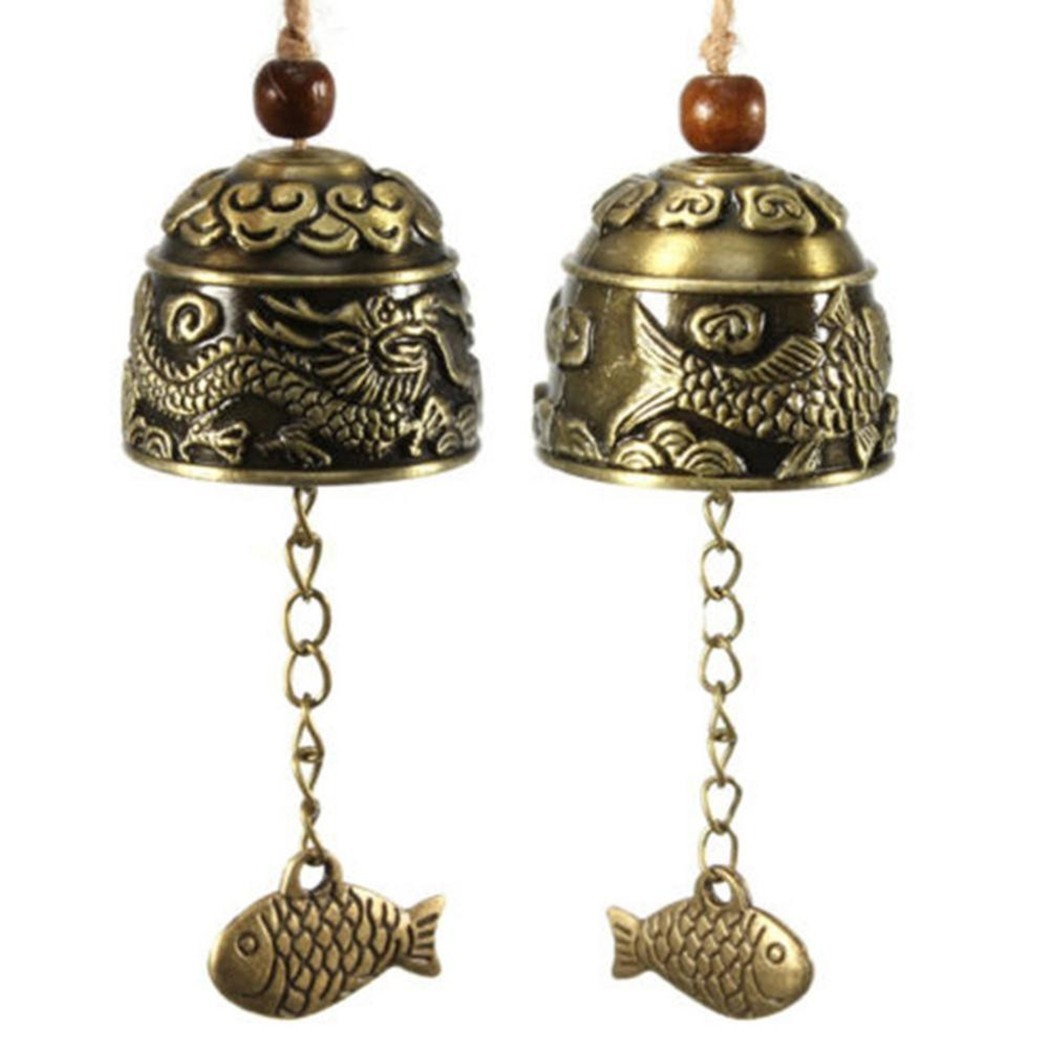 DecMode Tibetan Inspired Bronze Metal Narrow Cone Decorative Cow Bells with  12 Bells on Jute Hanging Ropes and Rod 