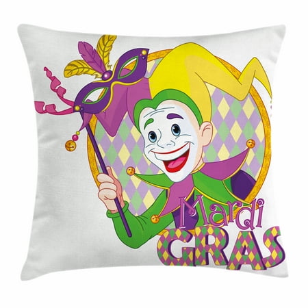 Mardi Gras Throw Pillow Cushion Cover, Cartoon Design of Mardi Gras Jester Smiling and Holding a Mask Harlequin Figure, Decorative Square Accent Pillow Case, 18 X 18 Inches, Multicolor, by Ambesonne