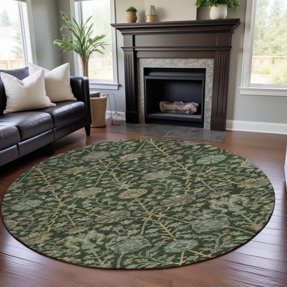 Addison Rugs Mayfield Premium Machine Washable Transitional Floral Green Round Rug, 8' x 8'