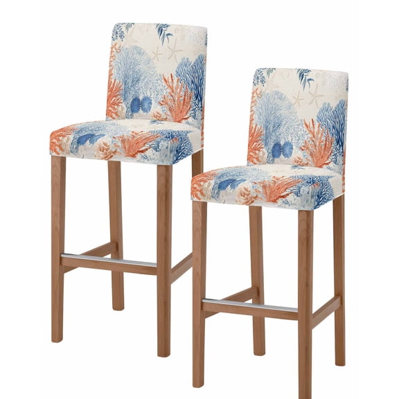 Orange Navy Blue Coral Bar Stool Covers Set of 2, Summer Beach Coastal Rustic Stretch Washable Bar Chair Covers with Backs, Removable Pub Counter Height Chair Cover for Kitchen Dining Room Cafe