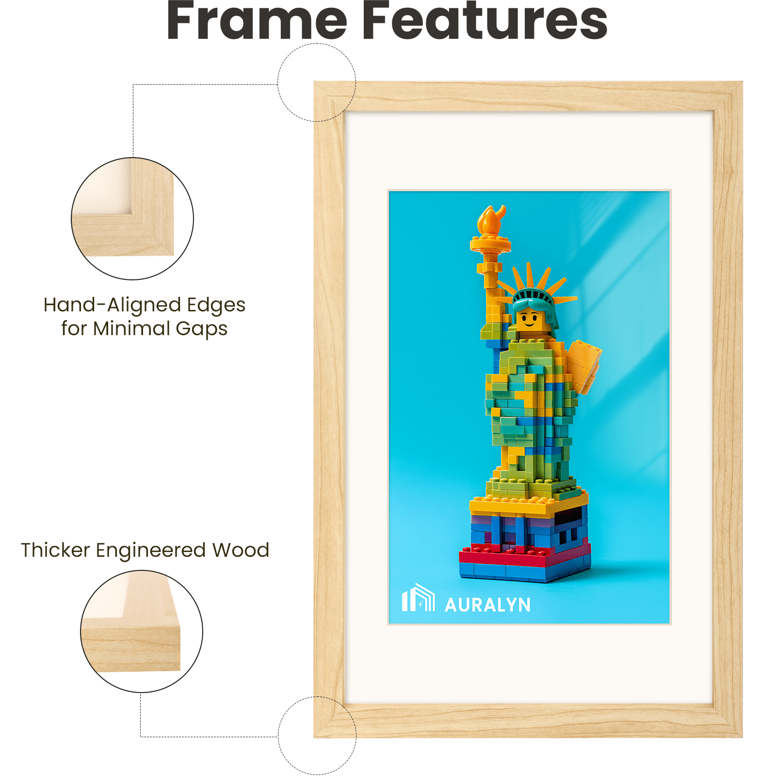 AURALYN 11x17 Picture Frames Set of 3 – Fits 8x12 with Mat or 11x17 Without Mat – Wood Grain, Easy to Hang, Finger-Friendly, Includes Hanging Kit (Wood Frames, 3 Pack)
